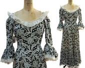 SALE Antique / Historical / Colonial / Prom / Bridal / Bridesmaid / Bo Peep / Festival / Flamenco Maxi Dress in Black & White Print