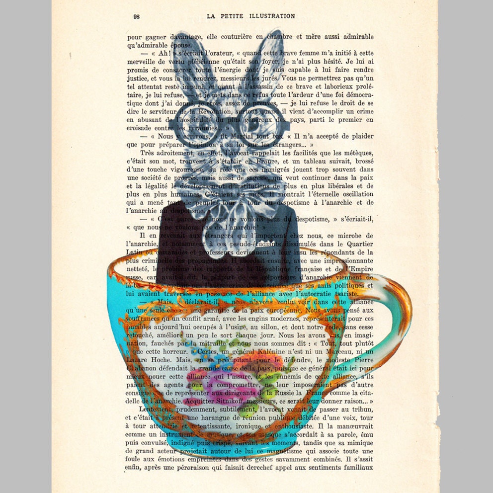 Rabbit in a cup- ORIGINAL ARTWORK Hand Painted Mixed Media on 1920 famous Parisien Magazine 'La Petit Illustration' by Coco De Paris