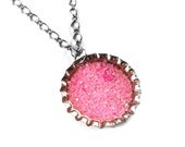 Strawberry Cheesecake Pink Bottle Cap Necklace. Chunky Glitter Pendant by Everyday Bohemian.