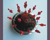 Pincushion - 20 Decorative Pins - Red & Black - Silverplated Base - OOAK