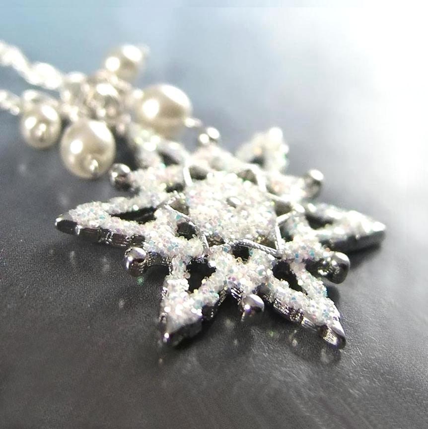 Silver Snowflake Necklace Sterling Silver Chain White Crystal Pearl Necklace  Winter Snowflake Pendant