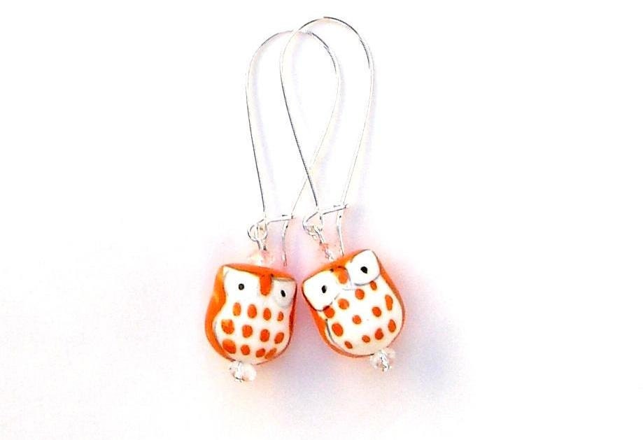 Bright Orange Ceramic Owl Earrings