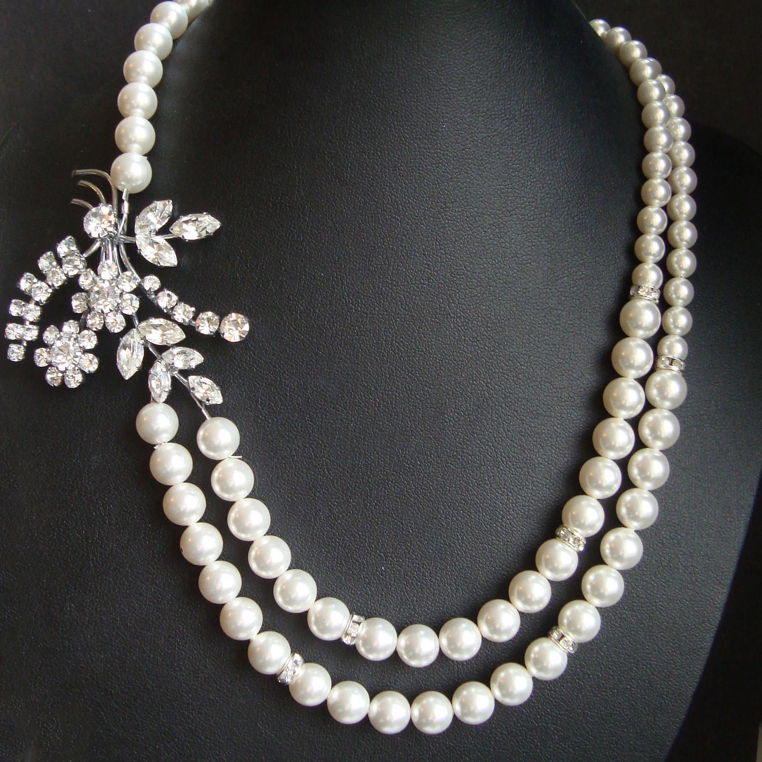 Vintage Rhinestone Brooch Necklace, Swarovski Crystal Pearl Bridal Necklace (one of a kind)