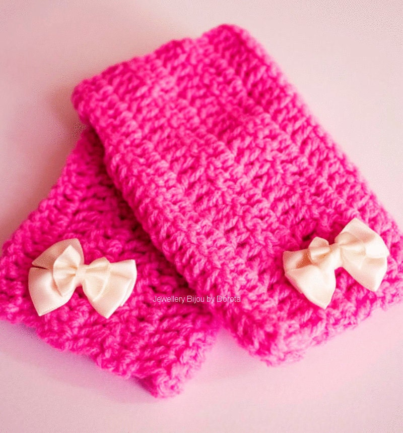 Ladylike crochet fingerless gloves with satin bows in hot pink,Women mittens