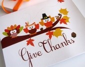 Thanksgiving Card set of 6 , Give Thanks, adorable autumn owl card - FREE SHIPPING