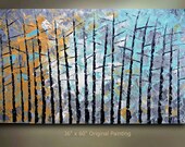 Large Birch Tree Painting Abstract 60x36 Turquoise Wall Decor Heavy Textured Modern Contemporary art Made to Order by OTO