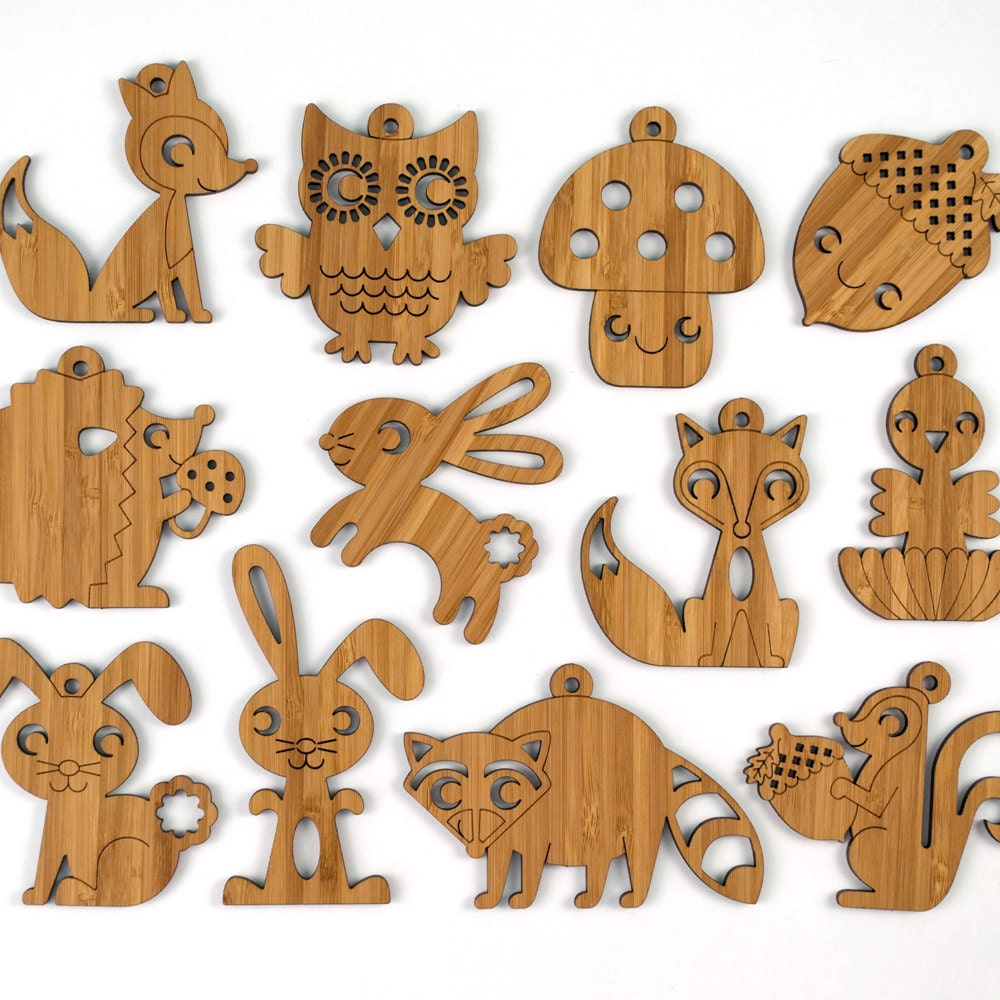 Woodland Ornaments: Owl Fox Hedgehog Bird Squirrel Acorn Raccoon Mushroom Bunny (Choice of TWO)