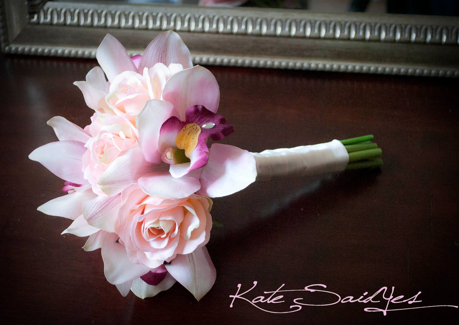 Orchid Bridal Bouquet - Pink Rose and Orchid Silk Wedding Bouquet
