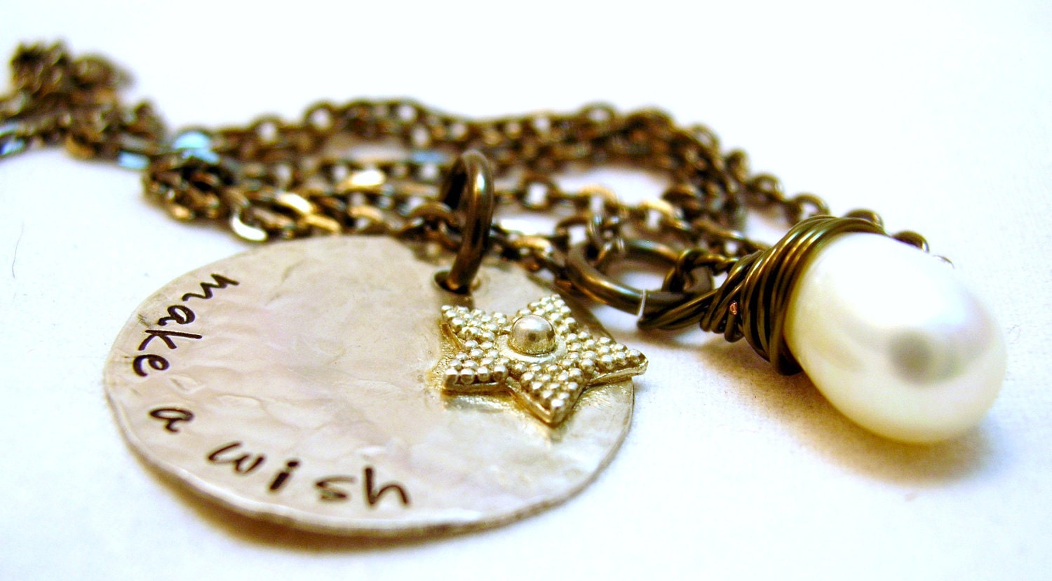 Make a Wish - Sterling silver star soldered on Sterling silver Disc - Gunmetal Cable Chain Necklace White Pearl wrapped in Gunmetal wire