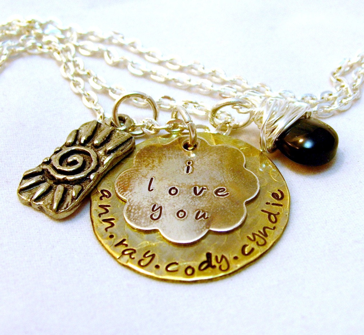 Rustic - I Love you Flower disc Family Hand stamped Personalized Necklace Mother s Jewlery HandStamped