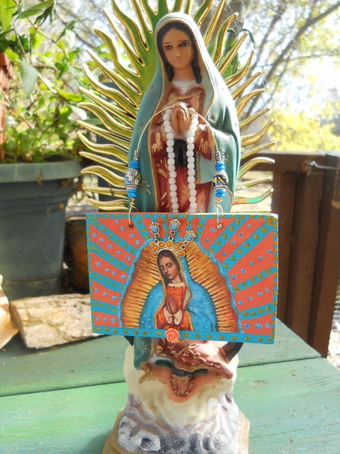 Guadalupe Virgin Mary Wood Tag Plaque Ornament Collage Original
