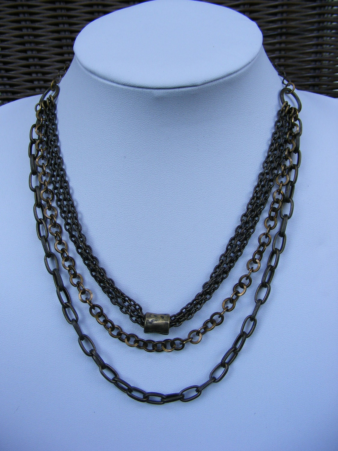 Multiple Bronze Necklace Chains with bronze bead