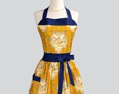 Womens Bib Apron - Handmade Classic French Provence Rooster Print in Goldenrod with Navy Blue Trim