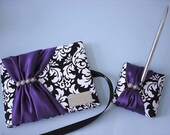 Purple Guest Book in Damask Includes Wedding Pen Set with Swarovski Crystals and Personalized Engraving