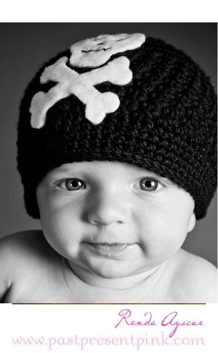 BABY Hand Crocheted SKULL and Cross Bones Hat with Brim - Black and White PIRATE