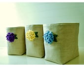 Flower Oatmeal LInen Box bin basket Storage Set 3  Wedding Party Gift Wrap Purple blue yellow Fabric Organizer tagt team