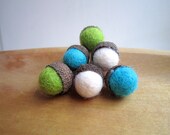 Set of 6 wool  felted acorns in blue, green and white