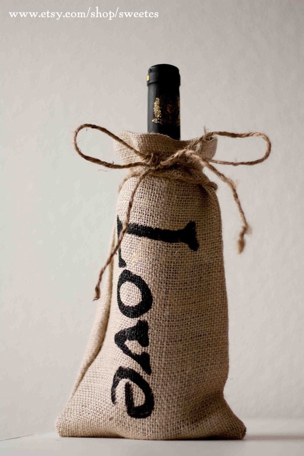 Burlap Bottle Bag "Love" Wedding Favor, Decoration Set Of Ten - sweetcs