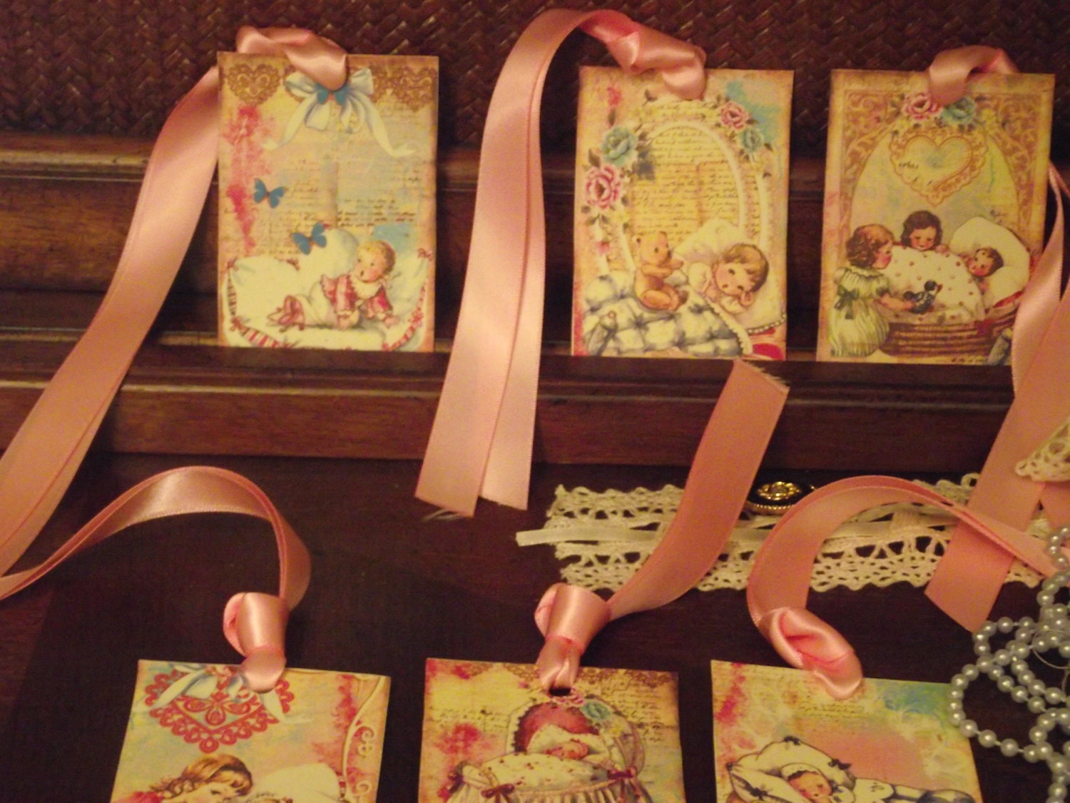 A-2    Baby  vintage  Gift  Tags  Pink  Ribbon