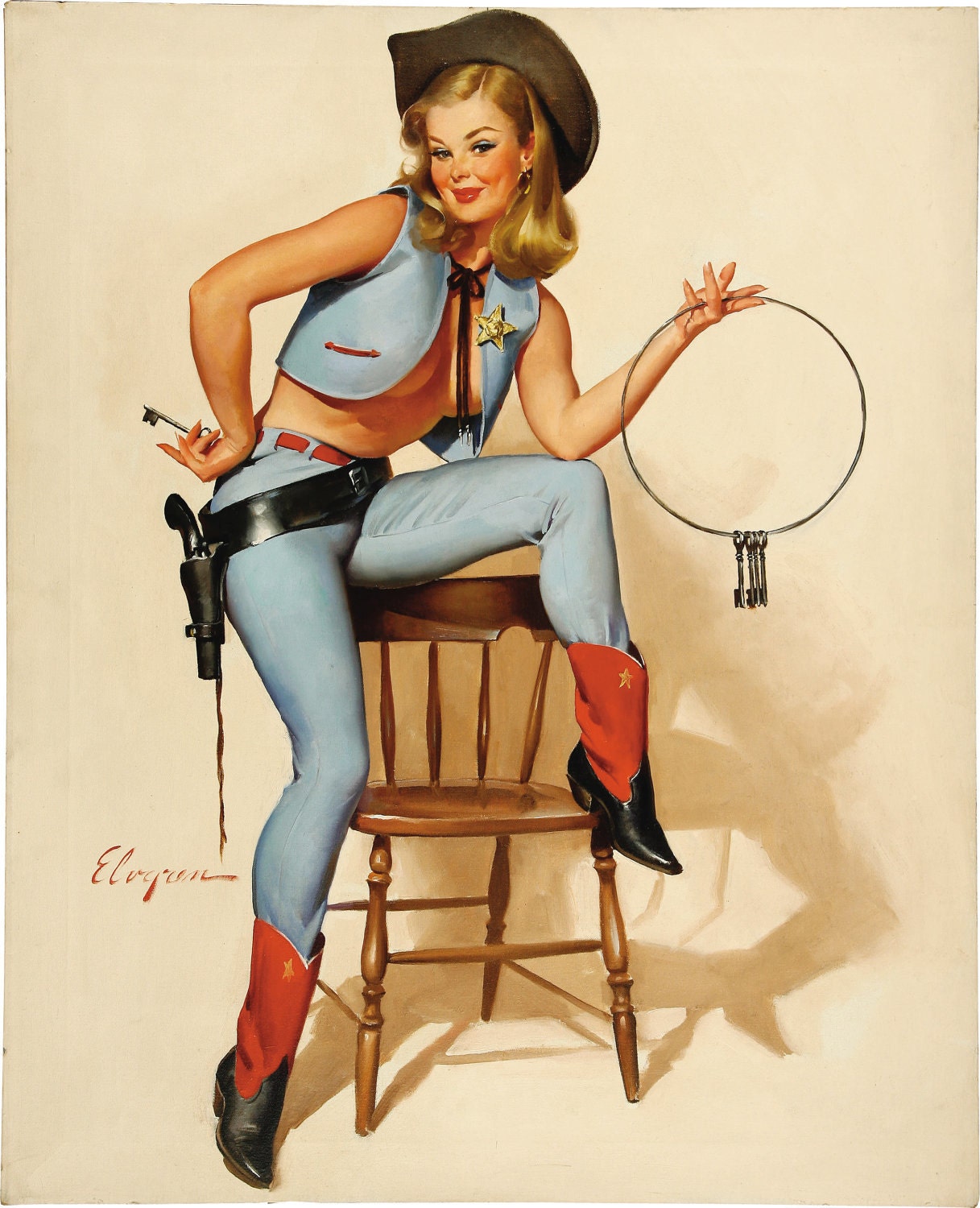 Free US shipping Handprinted Cotton Art Reproduction Applique Vintage Pin-up Girl Gil Elvgren, "A key situation", 1967
