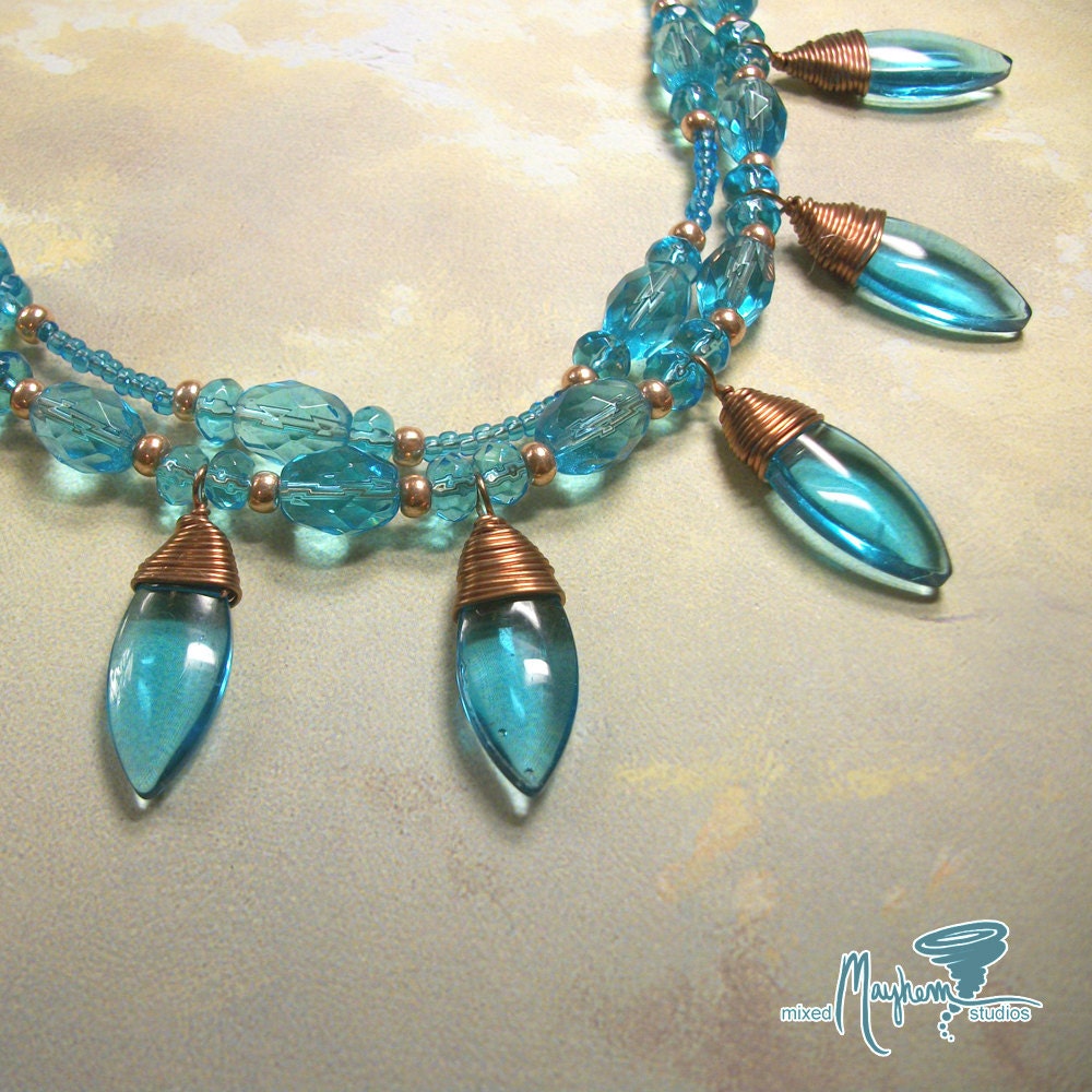 Czech Glass Dagger Necklace Cerulean Blue Double Strand