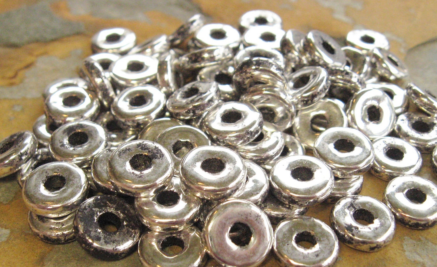 25 ANTIQUED SILVER Mykonos Greek Ceramic Beads Metalized 8mm Round Washer Beads
