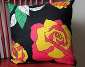 ON SALE Vintage Barkcloth Mod Flowers Fabric Pillow Cover 16" Eco Friendly 2