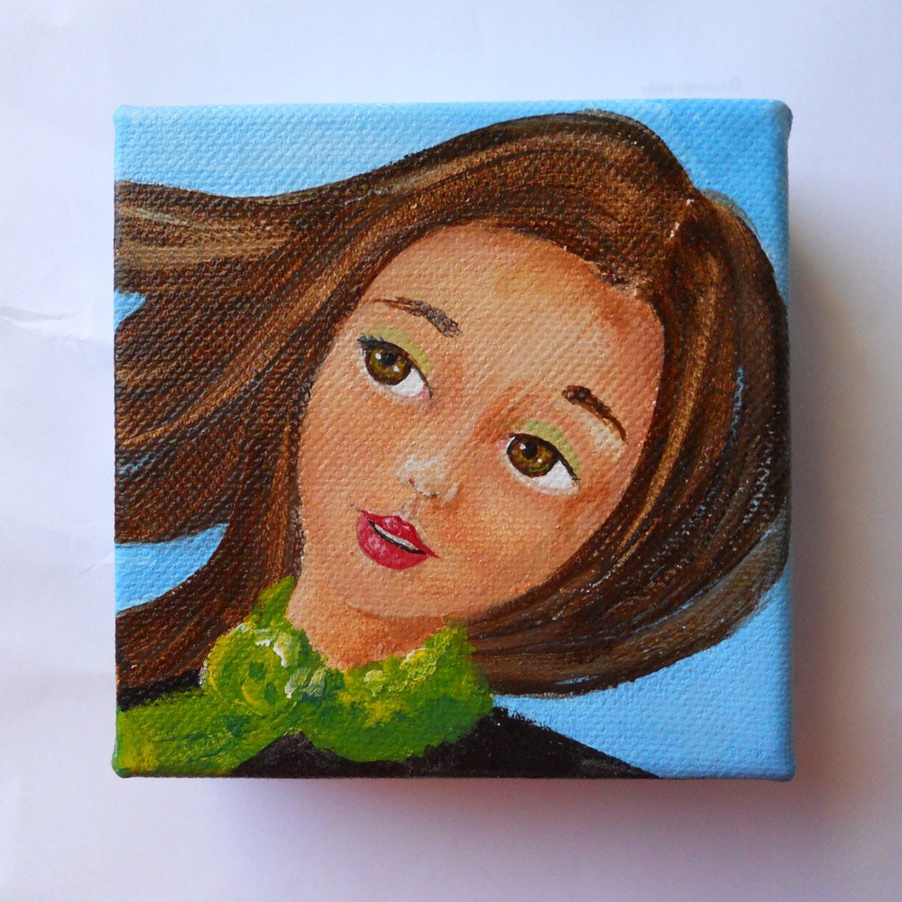 Brown Eyed Girl with a Green Scarf and Wind in her Hair - 4 x 4 Inch Original Painting on Canvas