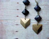 Chevron Diamond Geometric Earrings Midnight Blue Goldstone Shimmer Dangles Gift for Her