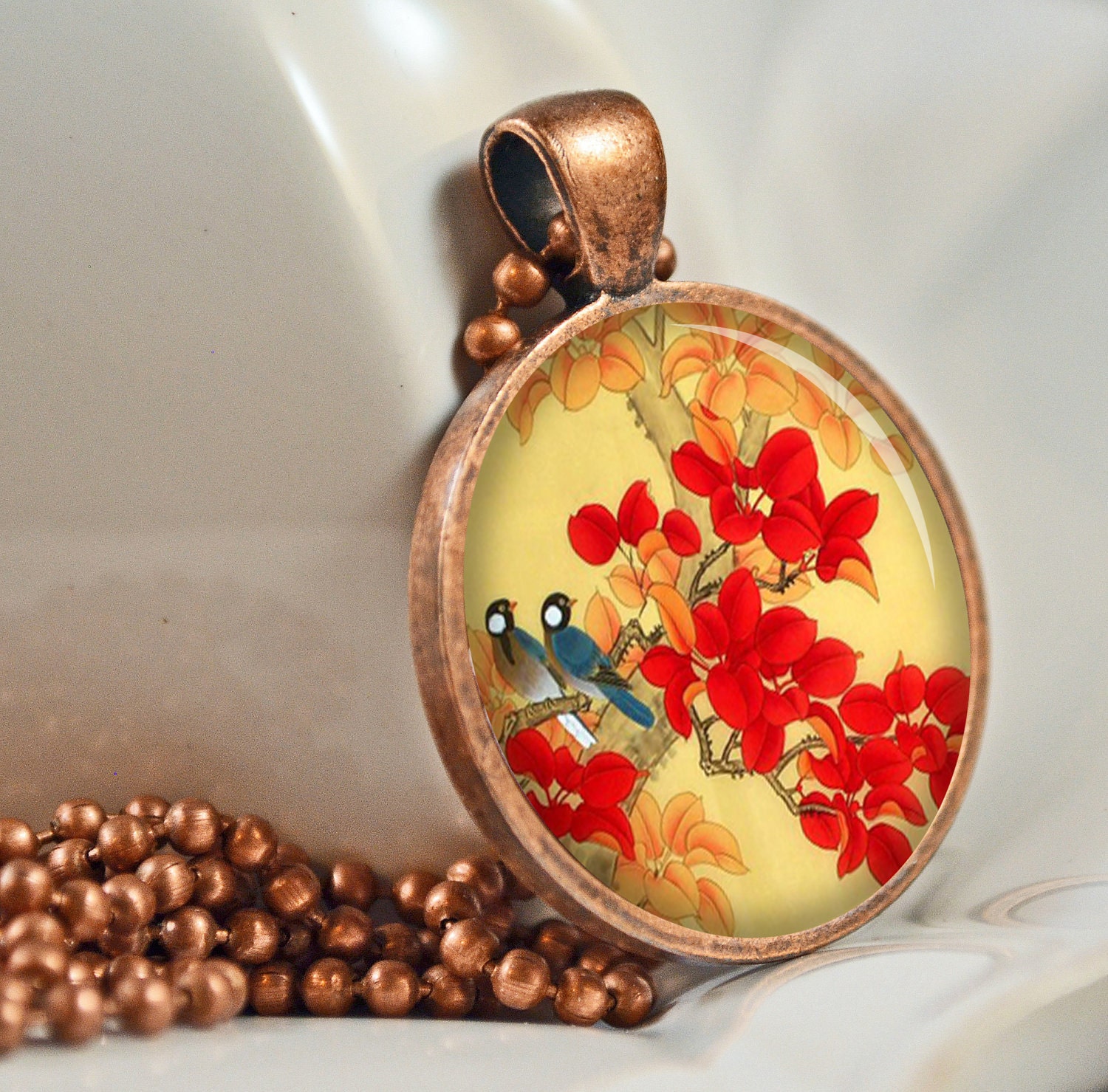Japanese Red Blossom Birds Vintage Art Resin Pendant Resin Picture Pendant Japanese Art Bird Pendant C228C - artyscapes
