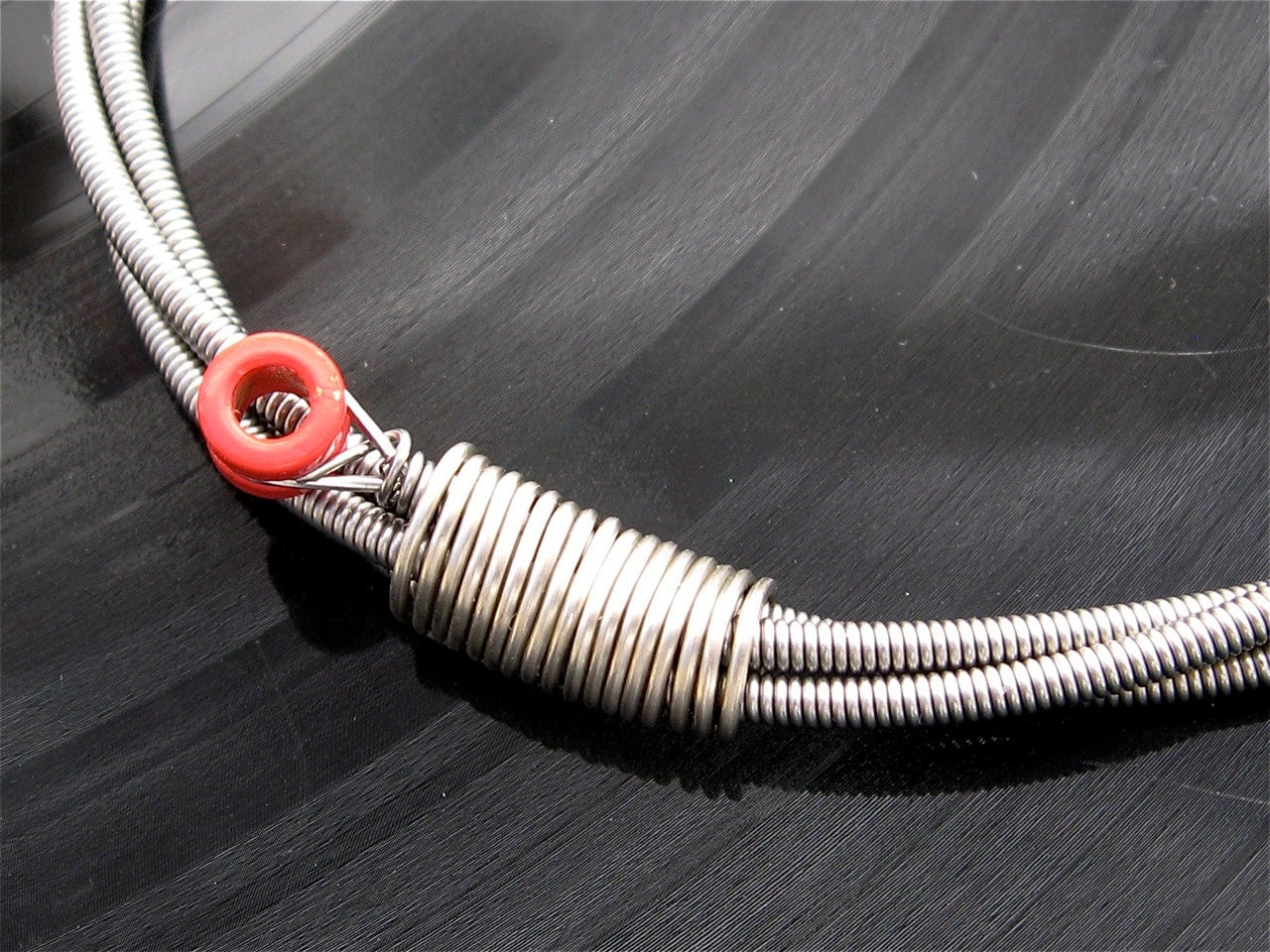 Recycled Bass Guitar String Bracelet with red brass ball end unisex MEDIUM free shipping to US
