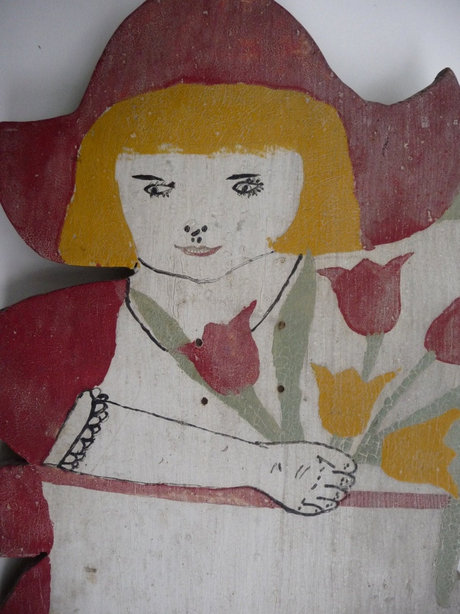 Early 20th C PA Dutch Girl Wood Lawn Ornament Primitive Folk Art Milk Paint