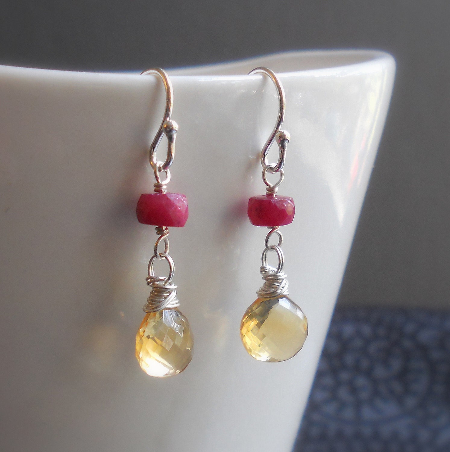 Citrine and Ruby wire wrapped gemstone sterling silver dangle earrings November and July birthstone