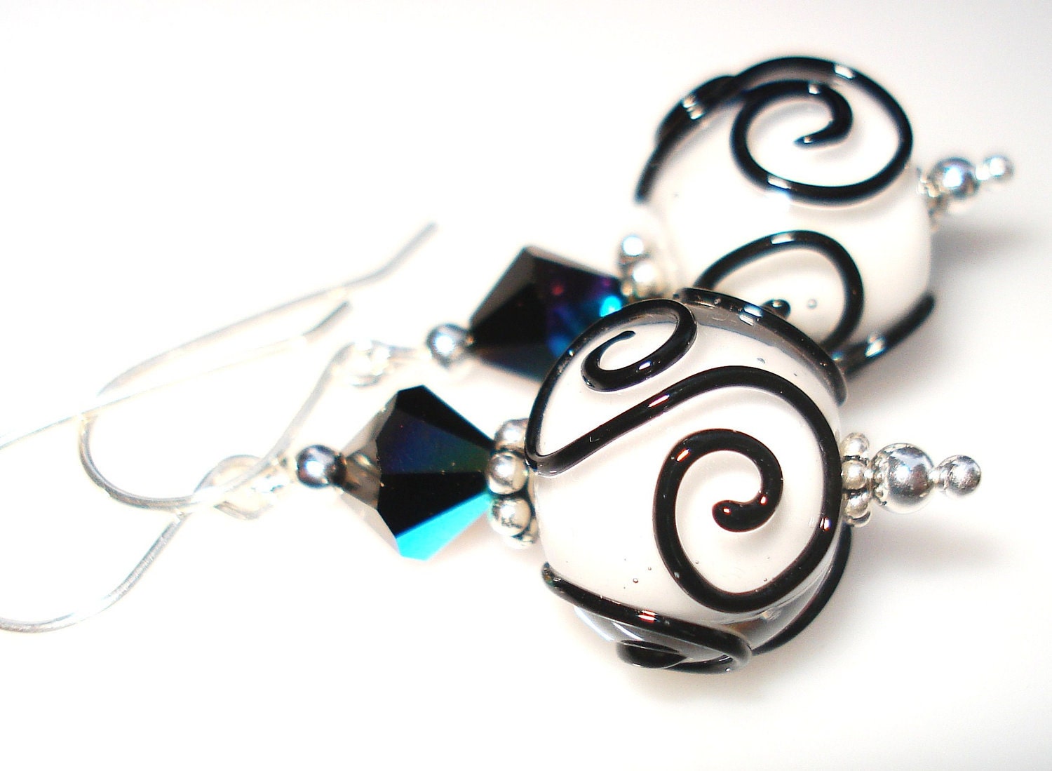 A Black Tie Affair, Handcrafted Jewelry, Handmade Earrings with White Glass Lampwork Beads and Black Scrolls, Sterling Silver