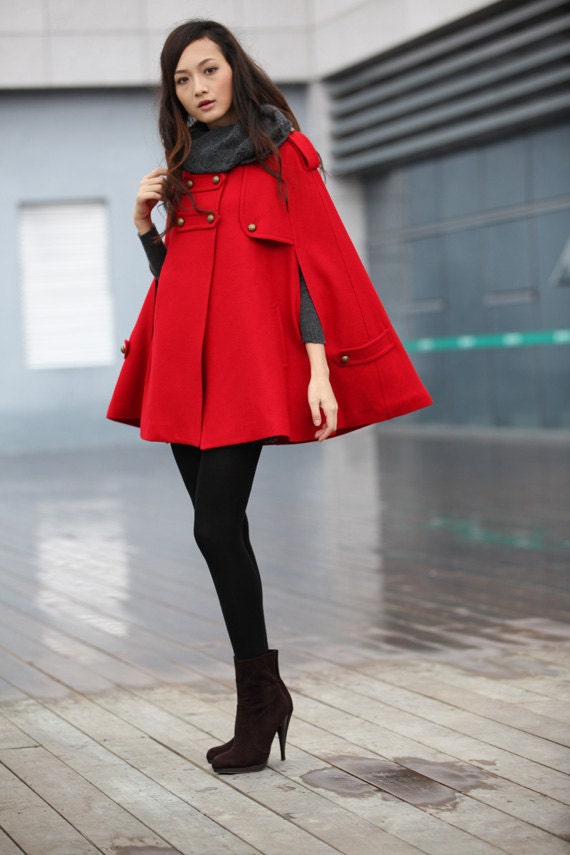 SALE 20% Off RED Cape Coat Double Breasted Cape Hooded Wool Winter Cape Coat Hood Wool Cloak Hoodie Cashmere Cape Jacket for Women - NC228