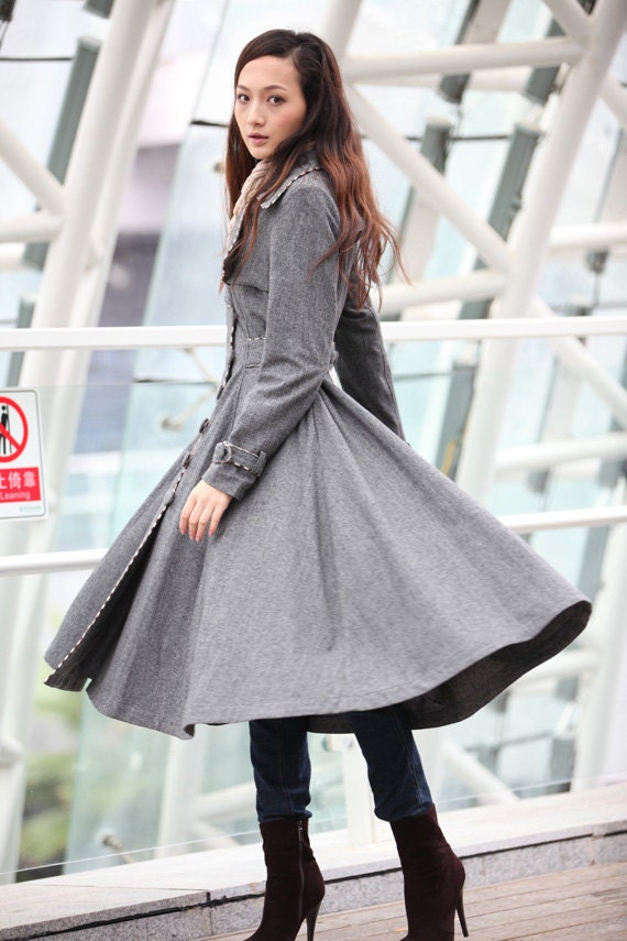 10% Off Sale Grey Cashmere Coat Big Sweep Grid Women Wool Winter Coat Long Jacket Tunic - NC222