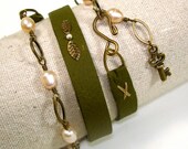 Stitched Leather Wrap Bracelet with Tiny Brass Leaves  and Fresh Water Pearls