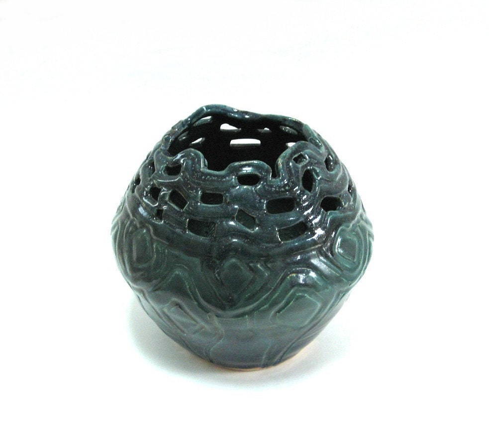 Green Pottery Vase - Organic Form - Signed Medvitz
