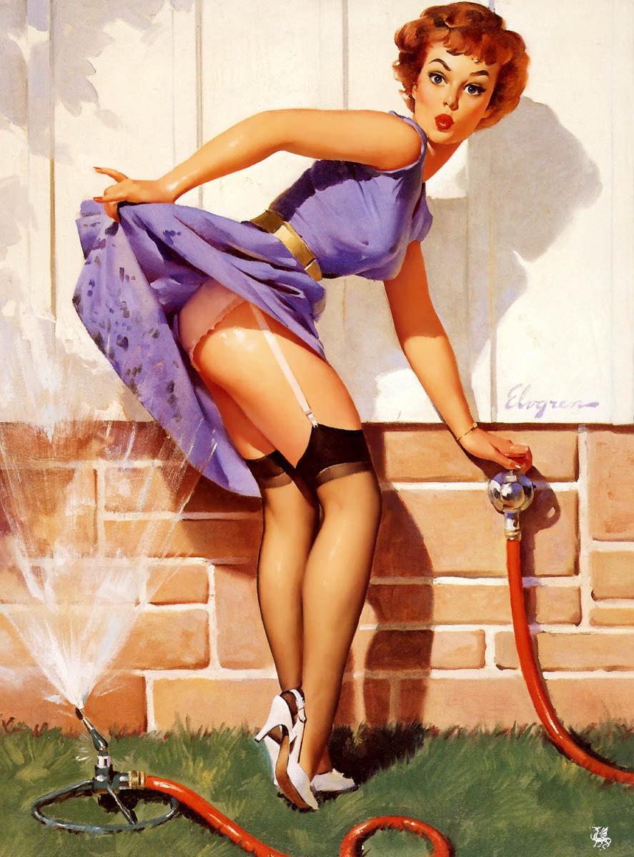 Free US shipping Handprinted Cotton Art Reprodn Applique Vintage Sexy Pin-up Girl Gil Elvgren "A near miss" , 1960