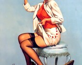 Free US shipping Handprinted Cotton Art Reprodn Applique Vintage Sexy Pin-up Girl Gil Elvgren "A stitch in time" , 1957