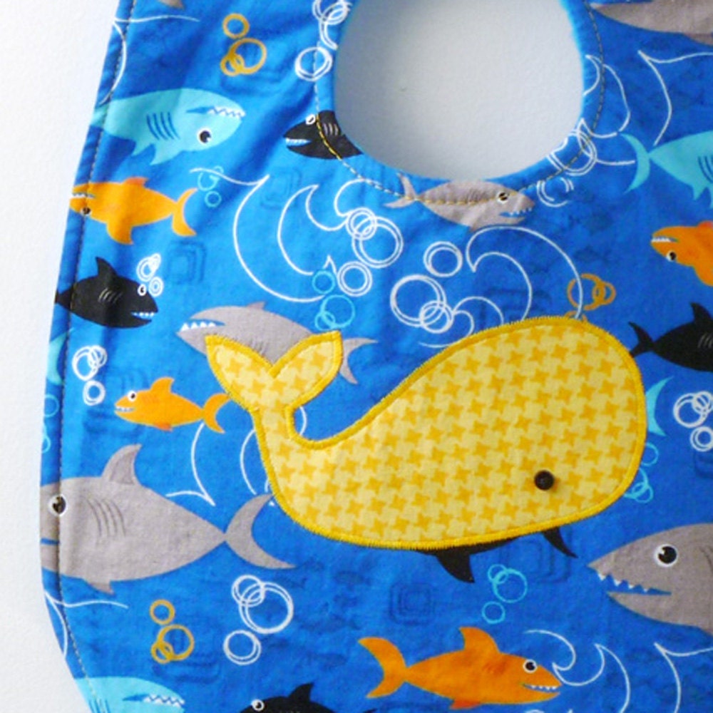 Appliqued Whale Baby Bib with Sharks