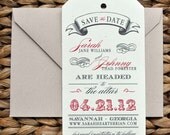 Miranda Vintage Luggage Tag Wedding Save the Date - Natural Ivory, Taupe, Red and Craft Brown, Customizable