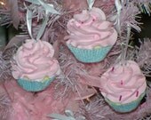 3 Pastel Pink Baby Blue  Mini Cupcake Ornaments for Christmas Tree Accents, Holiday Decor, Photo Props