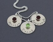 Family Necklace - Sterling Silver Hand-Stamped Three Disc Birthstone/Charm Necklace