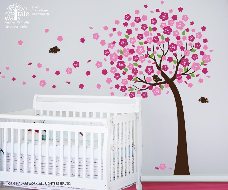 SALE-Cherry Blossom Tree wall decal with leaves and 3 birds. Tree wall decal for nursery, baby room. Nursery tree decals.