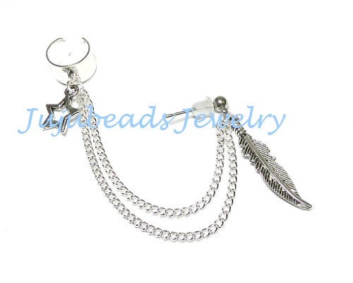 Simple Star and Feather Chain Ear Cuff Earring