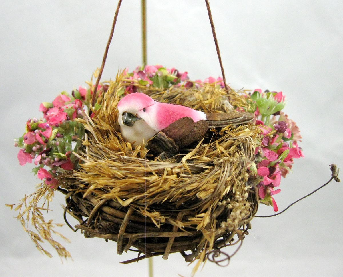 Pink Bird in a Nest with Pink Flowers Christmas Ornament 112