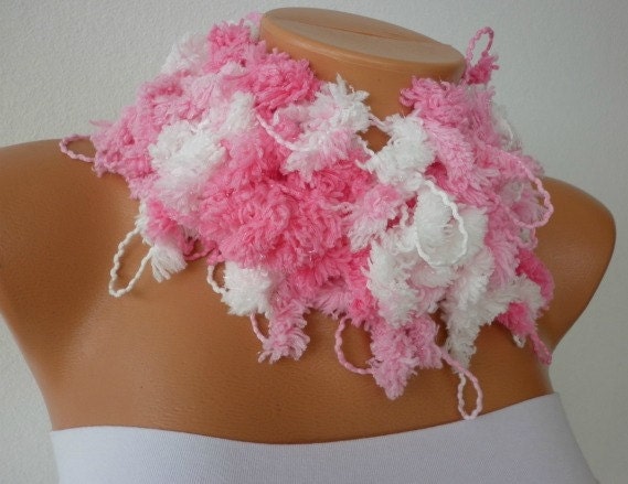 SALE - Pink  Scarf  Powder Soft Pink  Baby Pink  White Crochet Skinny Scarf  Neckwarmer.. Soft, Candy, Gift for Her Christmas