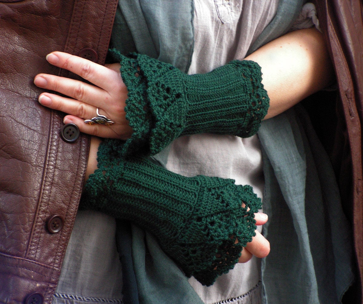 Pine Forest - crocheted layered wrist warmers cuffs