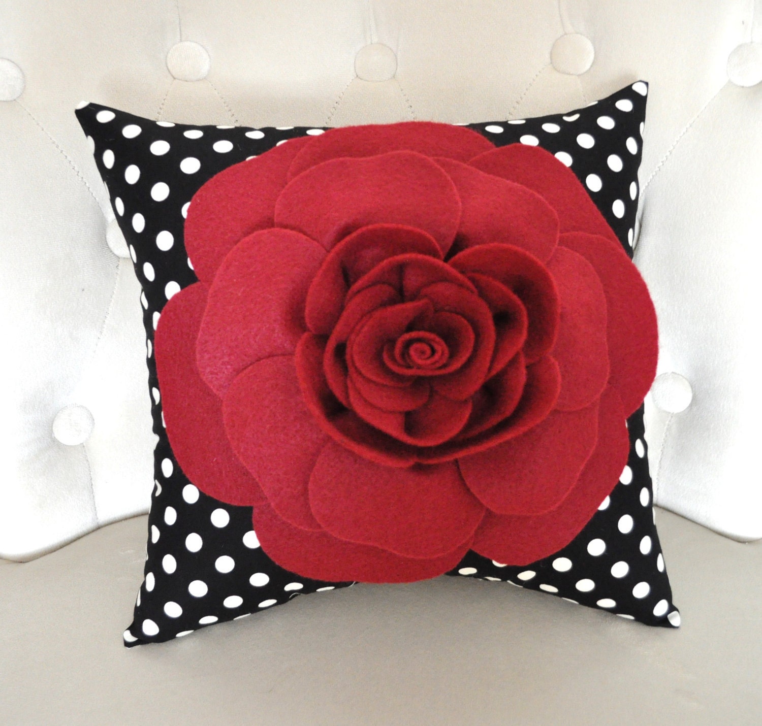 Ruby Red Rose Pillow on Black with White Polka Dot Pillow - bedbuggs